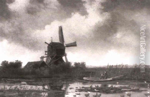 Hollandische Landschaft Mit Hocker-muhle Oil Painting - Willem Roelofs