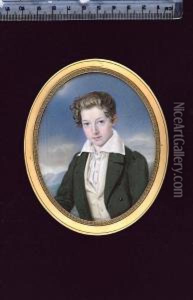 A Boy, Wearing Dark Green Coat, Cream Waistcoat And Pleated White Chemise With Wide Collar Oil Painting - Josef Zumsande