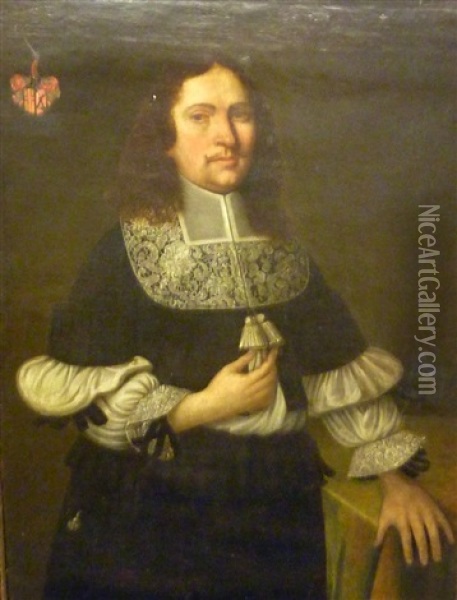 Half Length Portrait Of A Gentleman, Standing With Shoulder Length Hair, Moustache, Wearing A Flat Lace Collar, Tassles, Ruffled Sleeves Oil Painting - Pieter Nason