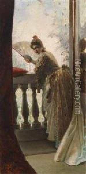 Lady With Fan On The Balcony Oil Painting - Luigi Sorio