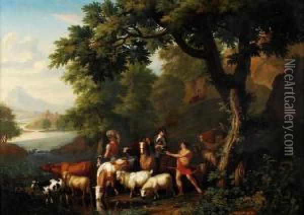 Herdsmanwith Cattle, Goats And Sheep At A Stream With An Arcadian Landscapebeyond Oil Painting - Jan van Gool