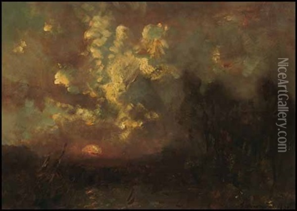 Landscape With Sunset Oil Painting - John A. Hammond