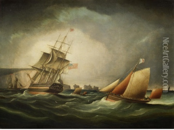An American Ship Off The Needles Oil Painting - Thomas Buttersworth