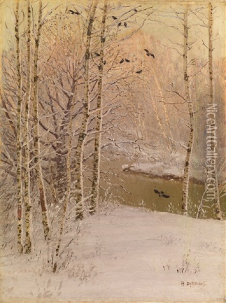 River Running Through A Wintry Forest Oil Painting - Nikolai Nikanorovich Dubovskoy