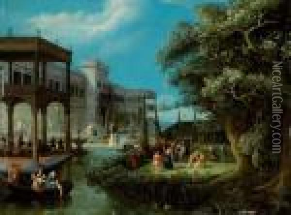 Elegant Society Amidst A Palace Garden. Oil Painting - Abel Grimmer