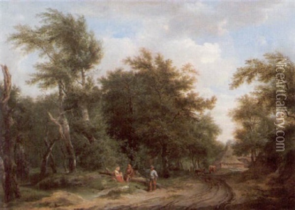 Gronskande Landskap Med Gard, Boskap Och Vilande Figurer Oil Painting - Abraham Adrianus ver Meulen