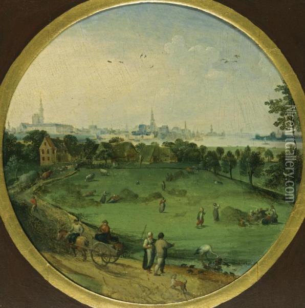 A Summer Landscape With Peasants Harvesting With A View Of Antwerp Beyond Oil Painting - Abel Grimmer