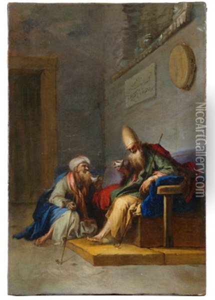 Imam Und Derwisch Im Gesprach. An Der Wand Eine Schrifttafel Mit Einem Spruch Des Sufismus Oil Painting - Francois Riviere