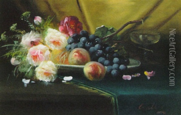 Grapes And Roses In A Dish On A Draped Table Oil Painting - Max Carlier