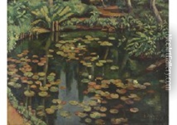 Lotus Pond Oil Painting - Okubo Shibutsu