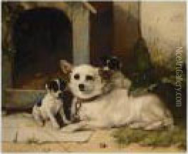 Mother And Puppies Resting Oil Painting - Walter Hunt