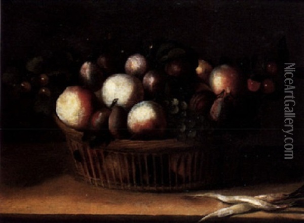A Still Life Of Peaches, Plums, Grapes,and Other Fruit In A Wicker Basket, With French Radishes, All Upon A Stone Ledge Oil Painting - Pierre Dupuis