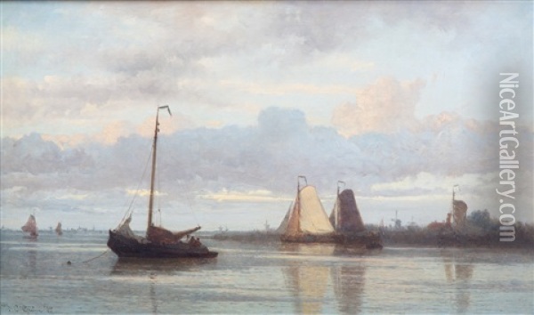 Fishing Boats On A Calm River Oil Painting - Johan Conrad Greive