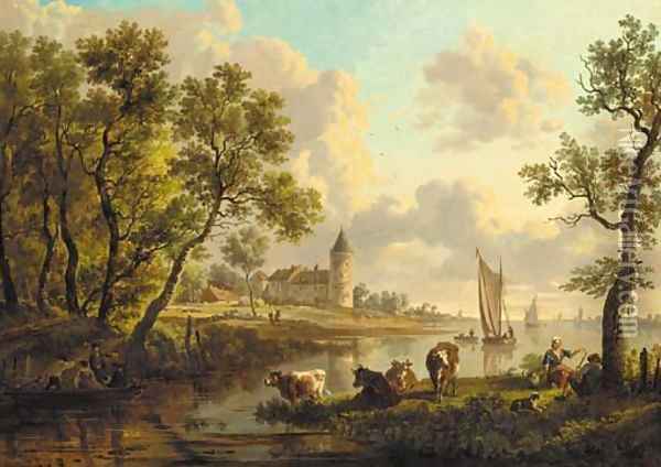 A river landscape with a herdsman and a herdswoman resting by their cattle, boats sailing and a castle beyond Oil Painting - Dutch School