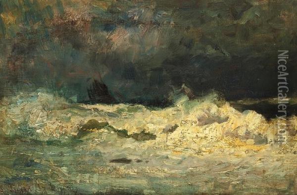 Breaking Waves Under A Dark Sky Oil Painting - Laurits Regner Tuxen