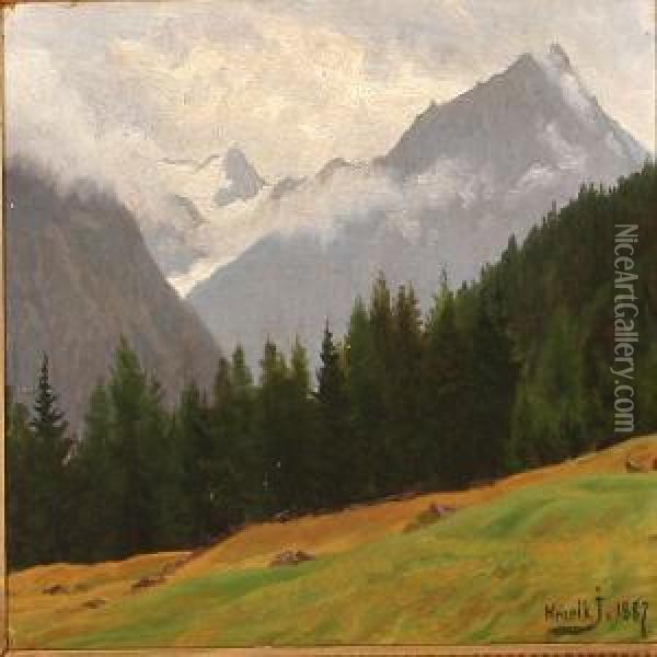 Mountain Landscapewith A Pine Forest Oil Painting - Henrik Gamst Jespersen