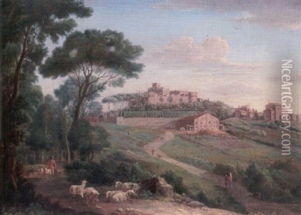 A View Of Villa Mattei, Rome, With Figures On A Track And A Shepherd And Livestock By A Copse Oil Painting - Hendrick Frans van Lint