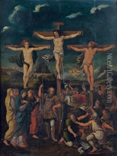 La Crucifixion Du Christ Entre Les Deux Larrons Oil Painting - Giulio Romano