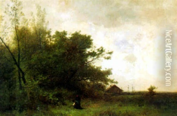 Landschaft Mit Zwei Blumen Pfluckenden Frauen Oil Painting - Gustave Eugene Castan