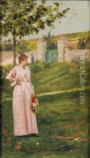 Portrait Of A Woman In A Landscape Oil Painting - Charles Stanley Reinhart
