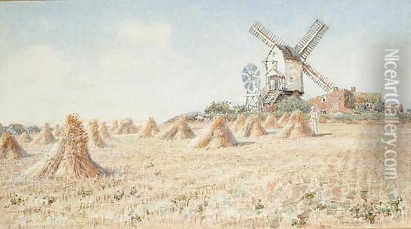 Hayricks, A Windmill Beyond. Oil Painting - A. Foord Hughes