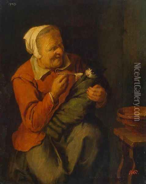 Peasant Woman with a Cat Oil Painting - David The Younger Ryckaert