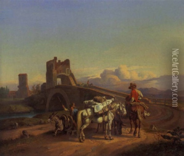Die Maultiertrieber Am Ponte Salario Oil Painting - Johann Adam Klein