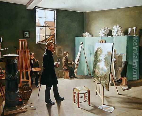Studio with Three Painters, 1834 Oil Painting - Ferdinand Tellgmann