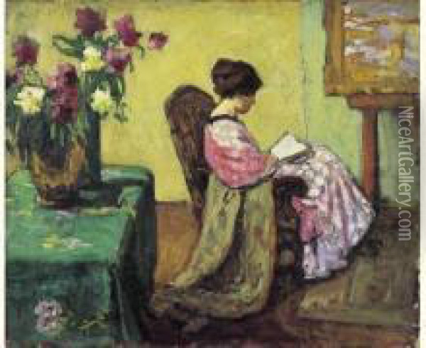 Femme Lisant Dans Un Interieur, Circa 1920. Oil Painting - Jean Laurent Challie