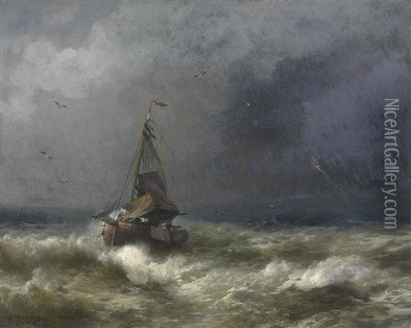 Fishing Boat In A Storm Oil Painting - Hermann Herzog