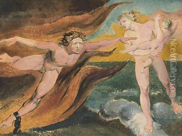 The Good and Evil Angels struggling for possession of a child Oil Painting - William Blake