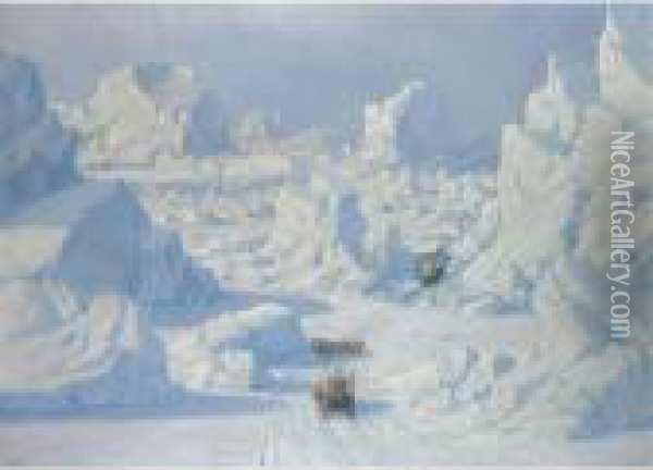 Med Hundeslaede I Gronland (dog Sledding In Greenland) Oil Painting - Emanuel A. Petersen