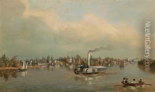 A View Of Bristol Taken From Green Bank, Steamboat Burlington Oil Painting - Charles B. Lawrence