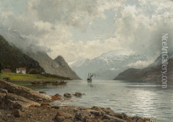 Fjordabaten Kommer, Sorfjorden Hardanger 1885 Oil Painting - Anders Monsen Askevold