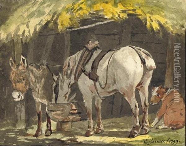A Horse In Harness In Profile To The Left; And A Horse Drinking From A Trough, A Donkey And A Dog At It's Side Oil Painting - Johann Conrad Gessner