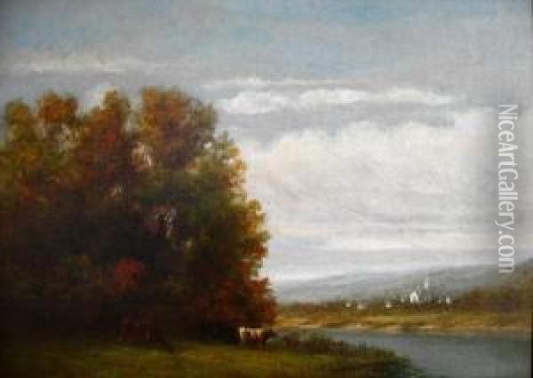 Cattle At River, Town In Distance Oil Painting - William M. Hart
