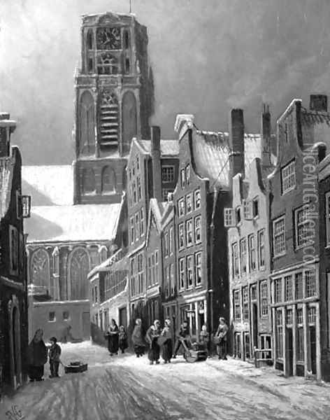 A view of a snow-covered street, Rotterdam, with the St. Laurenskerk in the distance Oil Painting - Franciscus Lodewijk Van Gulik