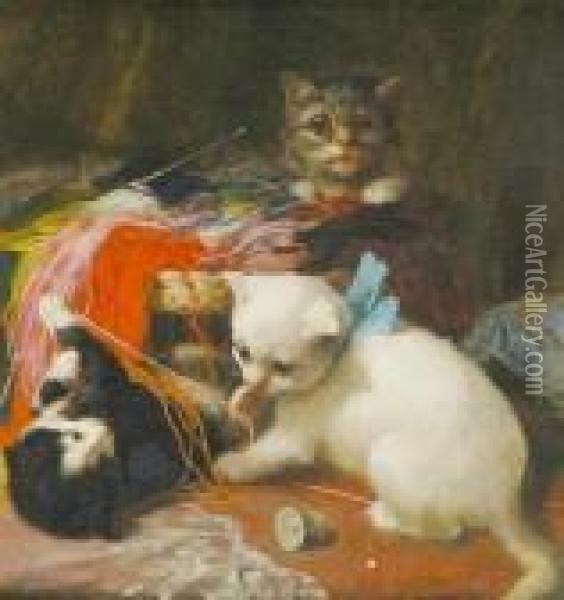 Three Kittens At Play Oil Painting - Henriette Ronner-Knip