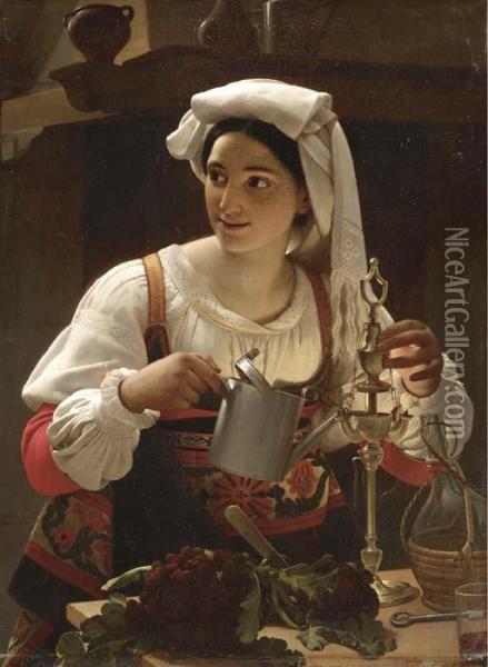 A Young Maiden Filling An Oil Lamp Oil Painting - Jan Baptist Lodewyck Maes