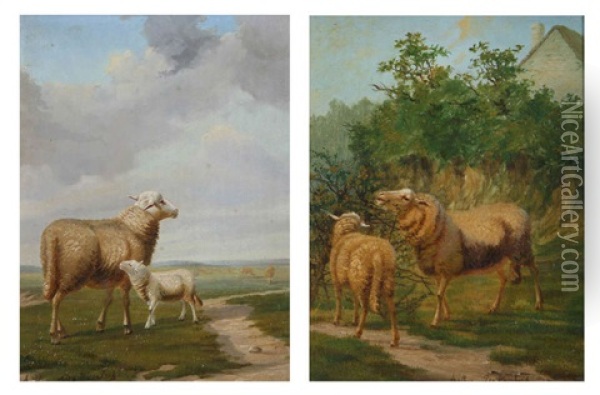 Moutons Au Pre (+ Another; Pair) Oil Painting - Arthur De Waerhert