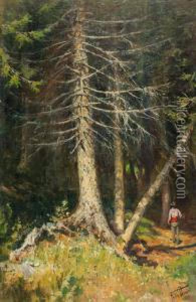 Waldstuck Mit Einsamem Mann. Oil Painting - Felix Possart