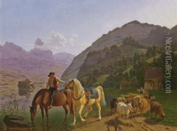 Reiter Mit Zwei Pferden Und Herde (rider With Two Horses And Herd) Oil Painting - Johann Jakob Biedermann