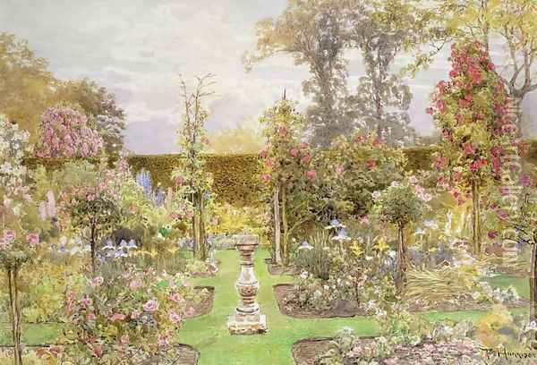 The Sun Dial in the Rose Garden Oil Painting - Thomas H. Hunn