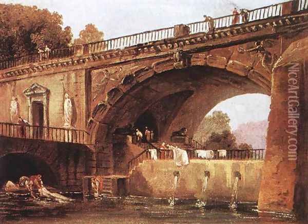 Washerwomen below a Bridge Oil Painting - Hubert Robert