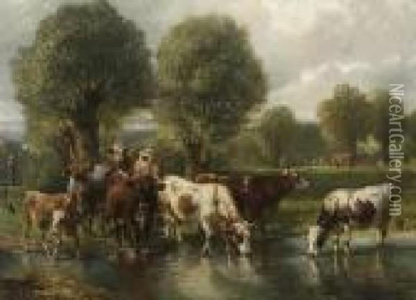 Kuhe Am Wasser. Oil Painting - Ludwig Gustav Voltz