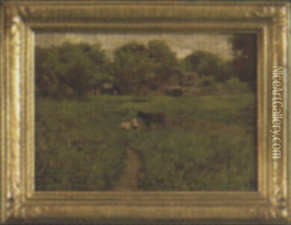 Pastoral Landscape With Two Cows In A Green Pasture And Barns In The Background Oil Painting - George W. Chambers