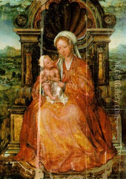The Virgin And Child Enthroned Oil Painting - Quentin Massys the Elder