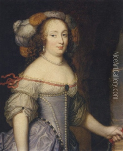Portrait Of The Francoise Athenais De Rochechouart De Mortemart, As Diana, Wearing A Feathered Head-dress And Holding A Bow In Her Left Hand Oil Painting - Pierre Mignard the Elder