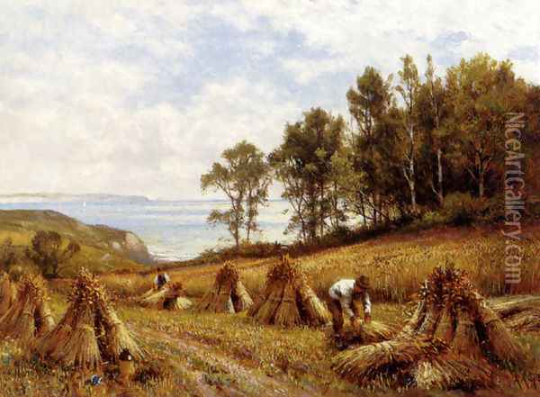 In The Cornfields, Near Luccombe, Isle Of Wight Oil Painting - Alfred Glendening