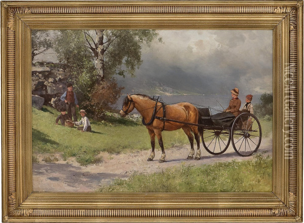 Kystlandskap Med Hest, Vogn Og Folkeliv Oil Painting - Axel Ender